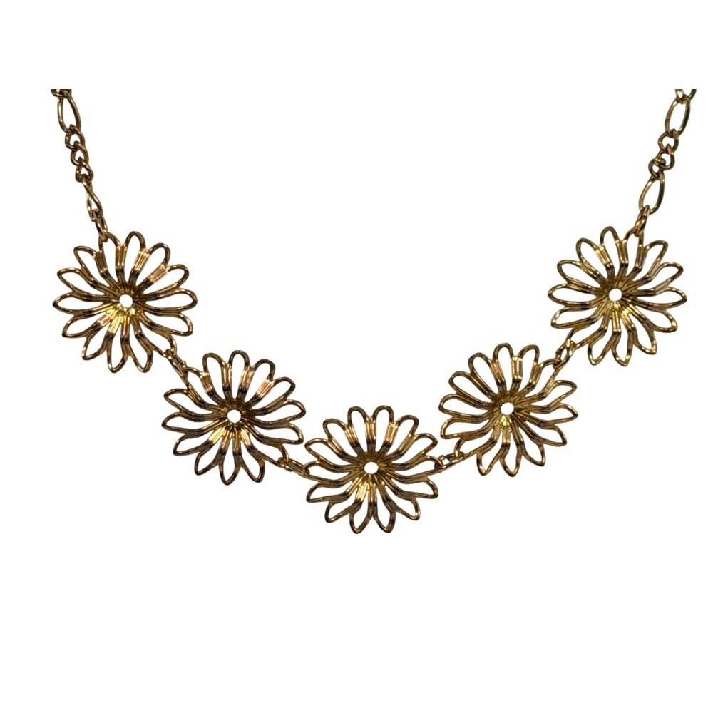 Vintage Gold Tone Sunburst SunFlower Necklace & Earring Set Filigree Statement - Picture 4 of 6